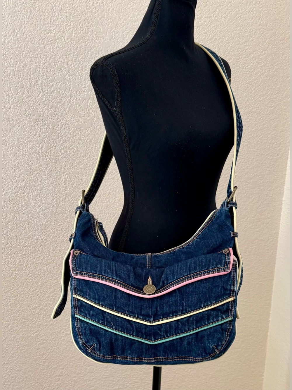 Vintage Y2K GAP Denim Chevron Crossbody Shoulder Bag Pastel Accents